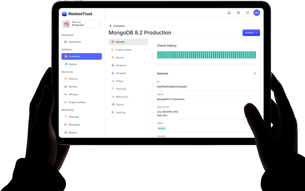 Example view of the RestoreTrust Console: a MongoDB schedule and its test history
